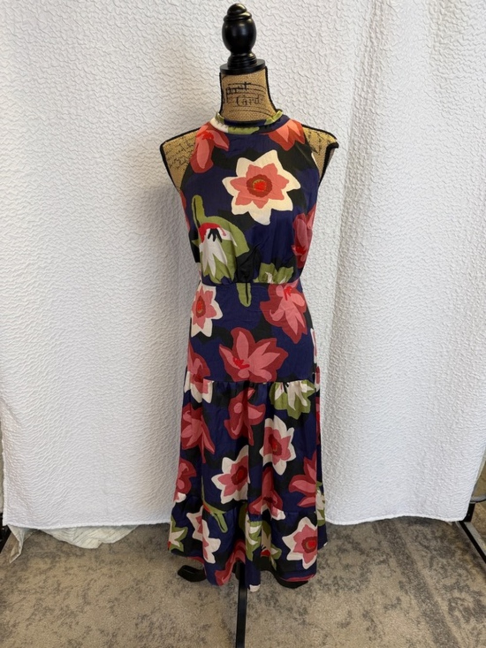 Sleeveless Floral Halter Midi Dress in Navy and Pink